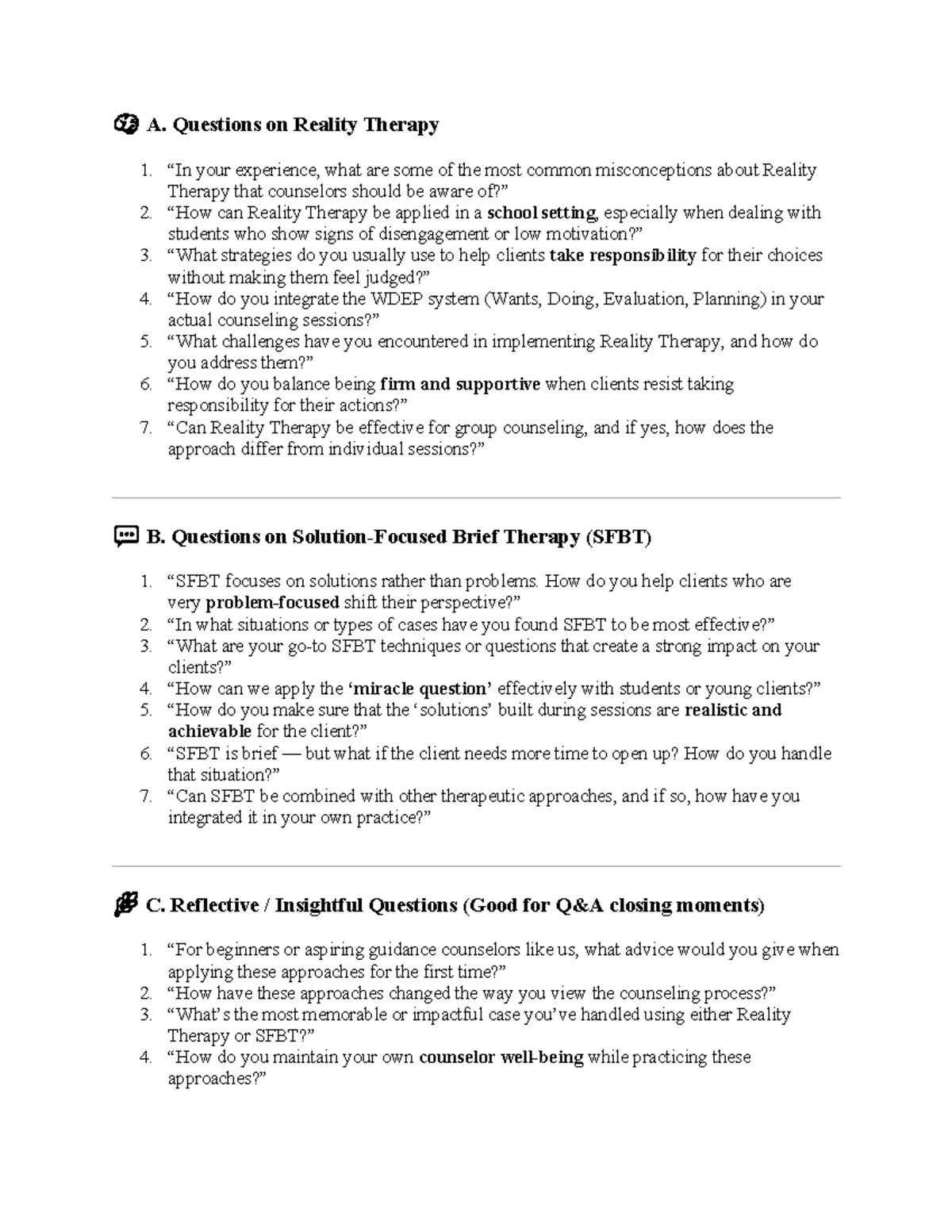 Possible Questions on Therapy Approaches - Lecture Notes - Studocu