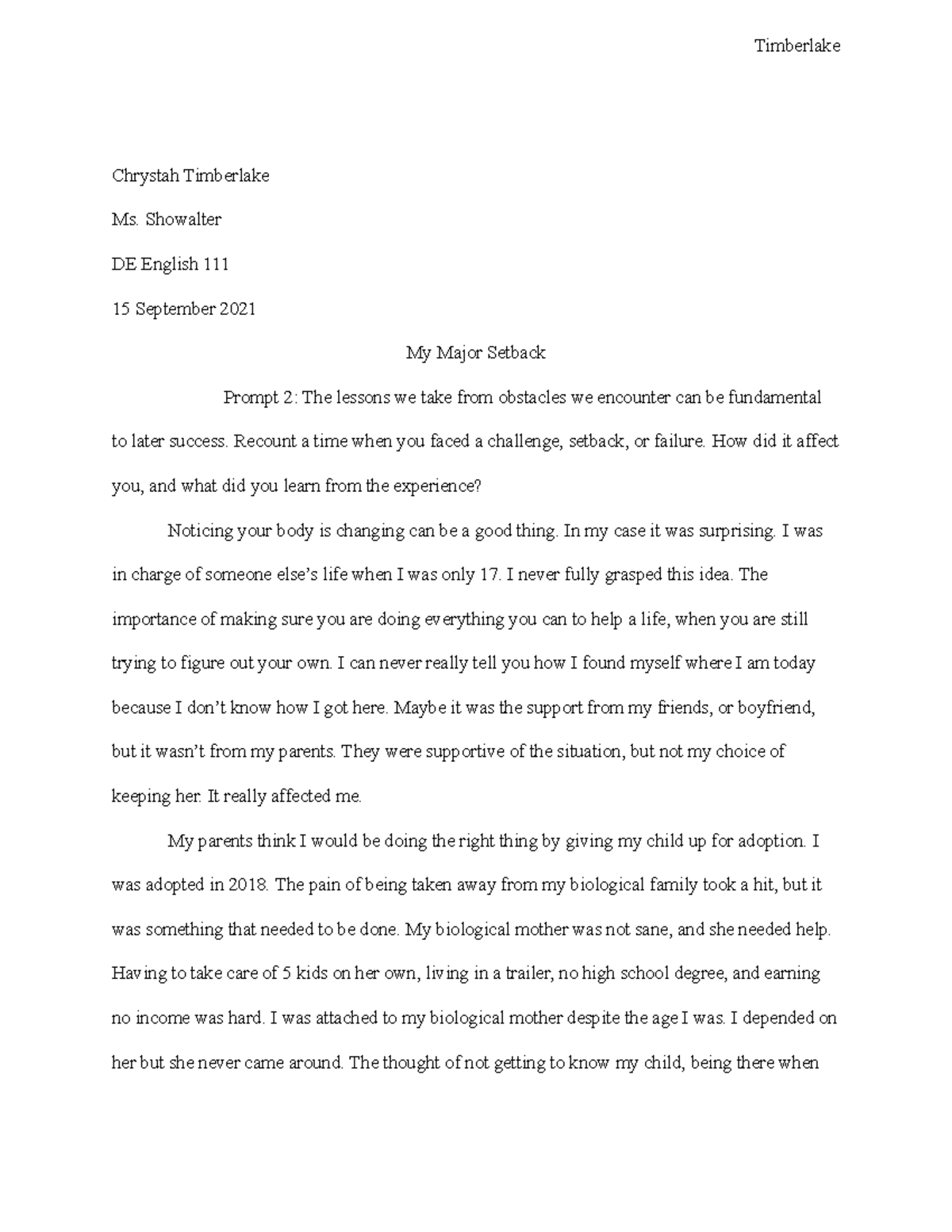 My Major Setback, College Essay, Timberlake, C - Chrystah Timberlake Ms ...