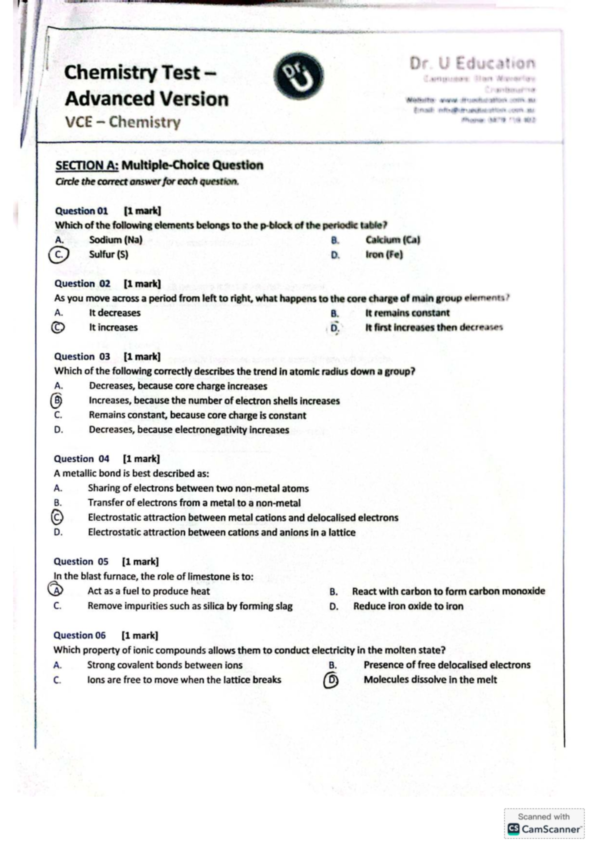 VCE Chemistry Test: Advanced Exam Questions and Answers (0479) - Studocu