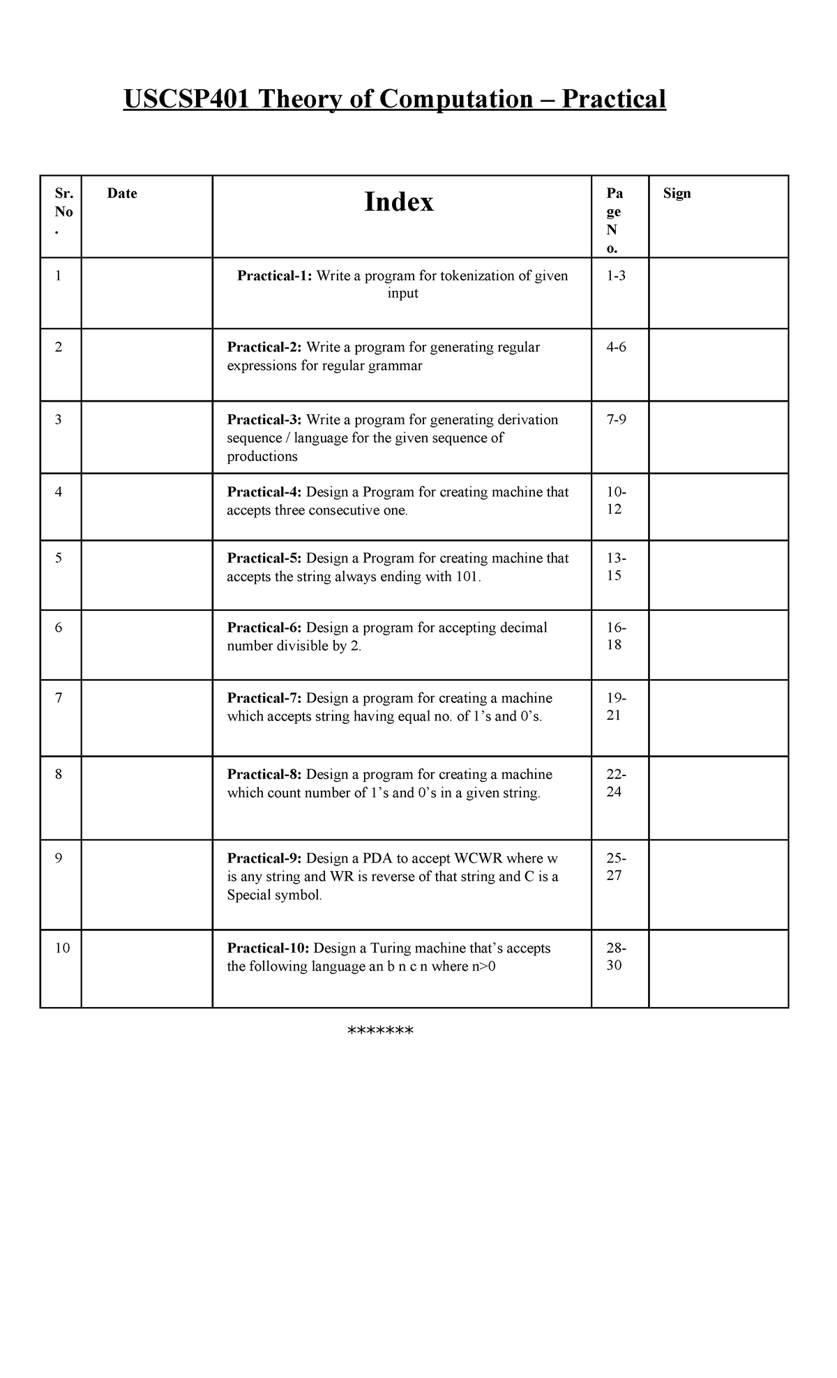 USCSP401 Theory of Computation Practical Exercises and Programs - Studocu