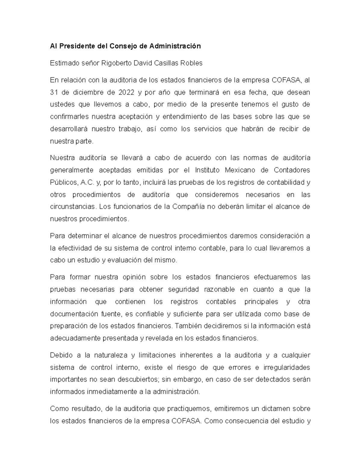 Propuesta de Servicios y Honorarios de Auditoría - COFASA - Studocu