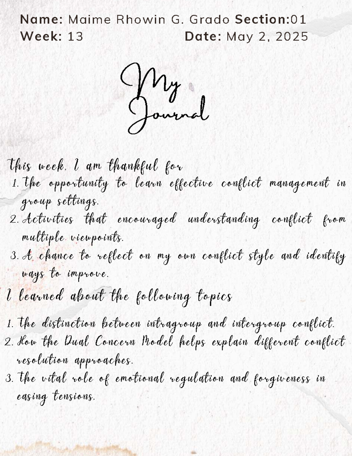 WEEK 13 Journal Reflection on Conflict Management - Grado - Studocu