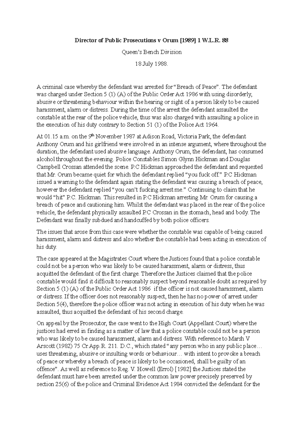 DPP V Orum Case Study - Breach of Peace & Police Duty Analysis - Studocu