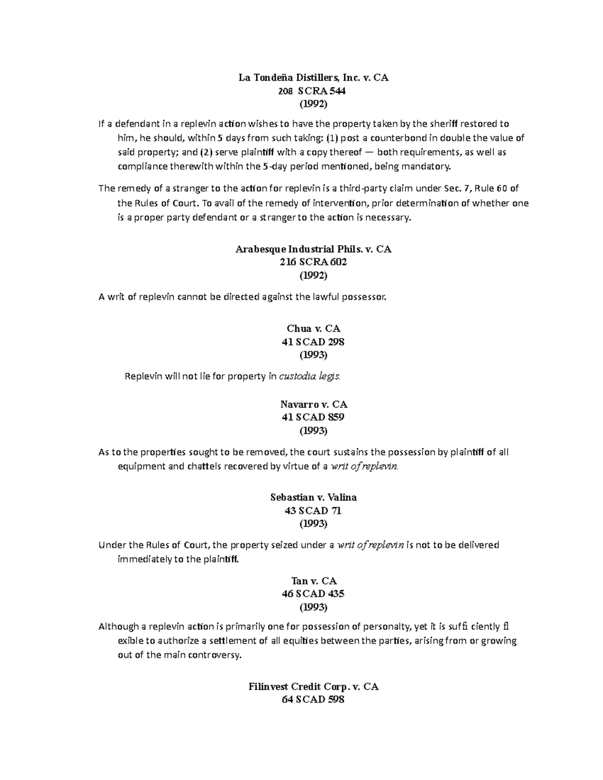 Property Law M25: Key Case Summaries on Replevin Actions - Studocu