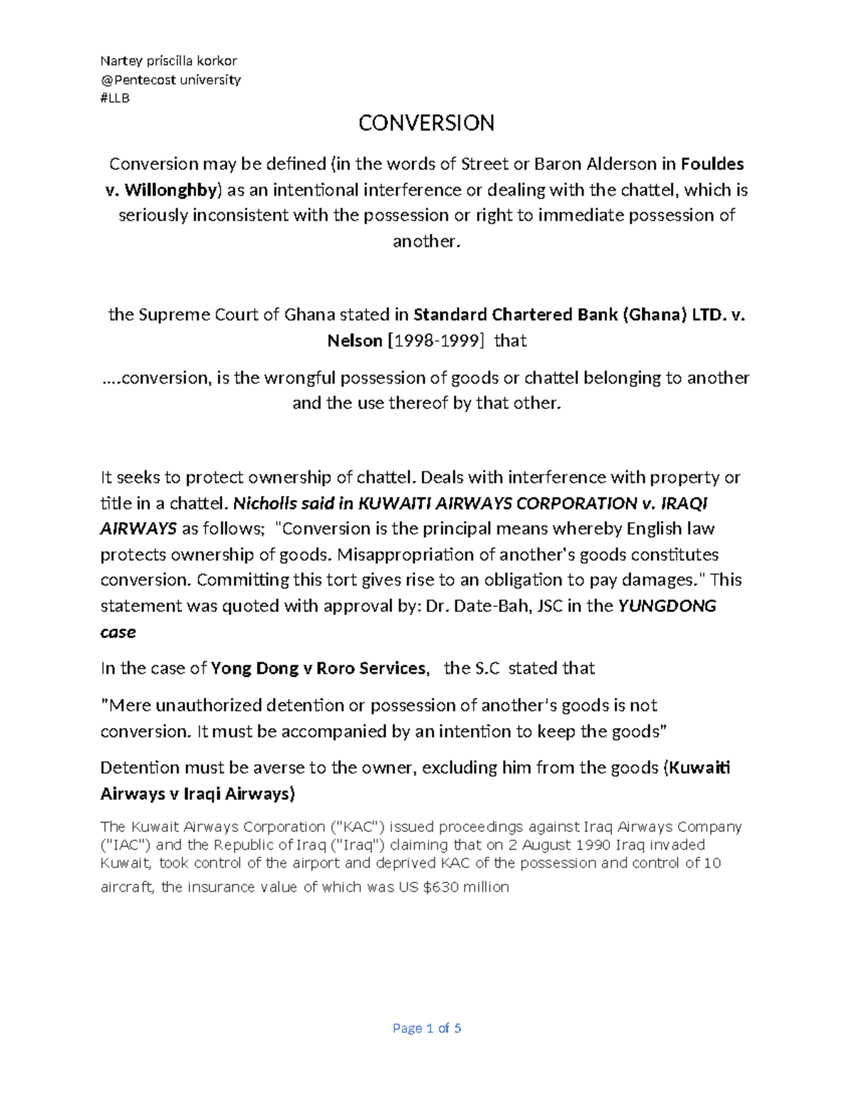 Conversion - Legal Notes for Nartey Priscilla Korkor University - Studocu