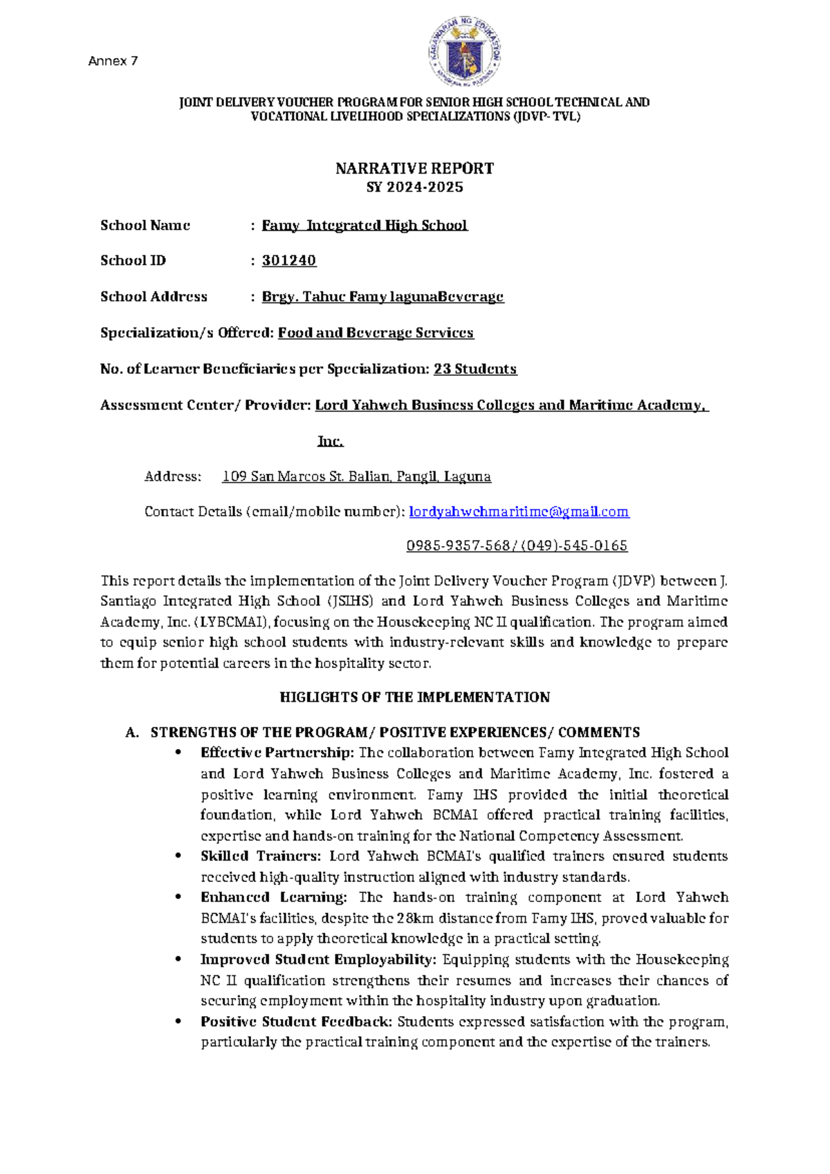 JDVP Narrative Report for Senior High School TVL Program at Famy INHS ...