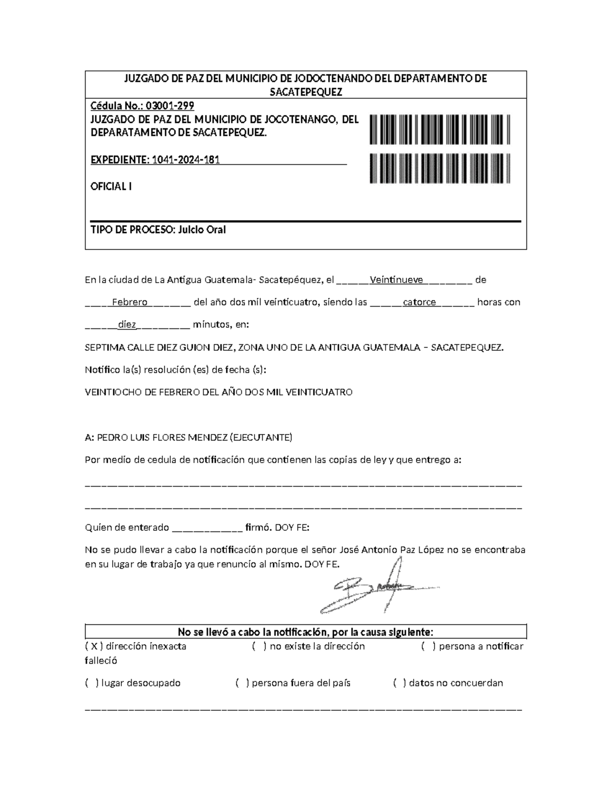 Formato de Cédula de Notificación 01 - Juzgado de Paz de Sacatepéquez - Document Preview