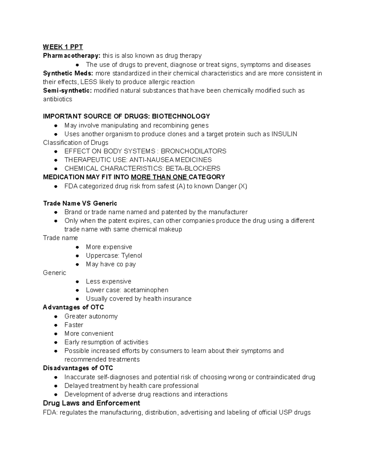 Pharm 101 Study Guide: Week 1 Overview of Pharmacotherapy Concepts ...