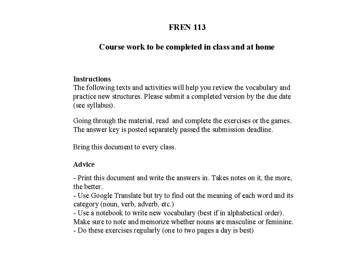 FREN 113 Homework U1L3L4 - Week 1 Class & Home Activities - Studocu