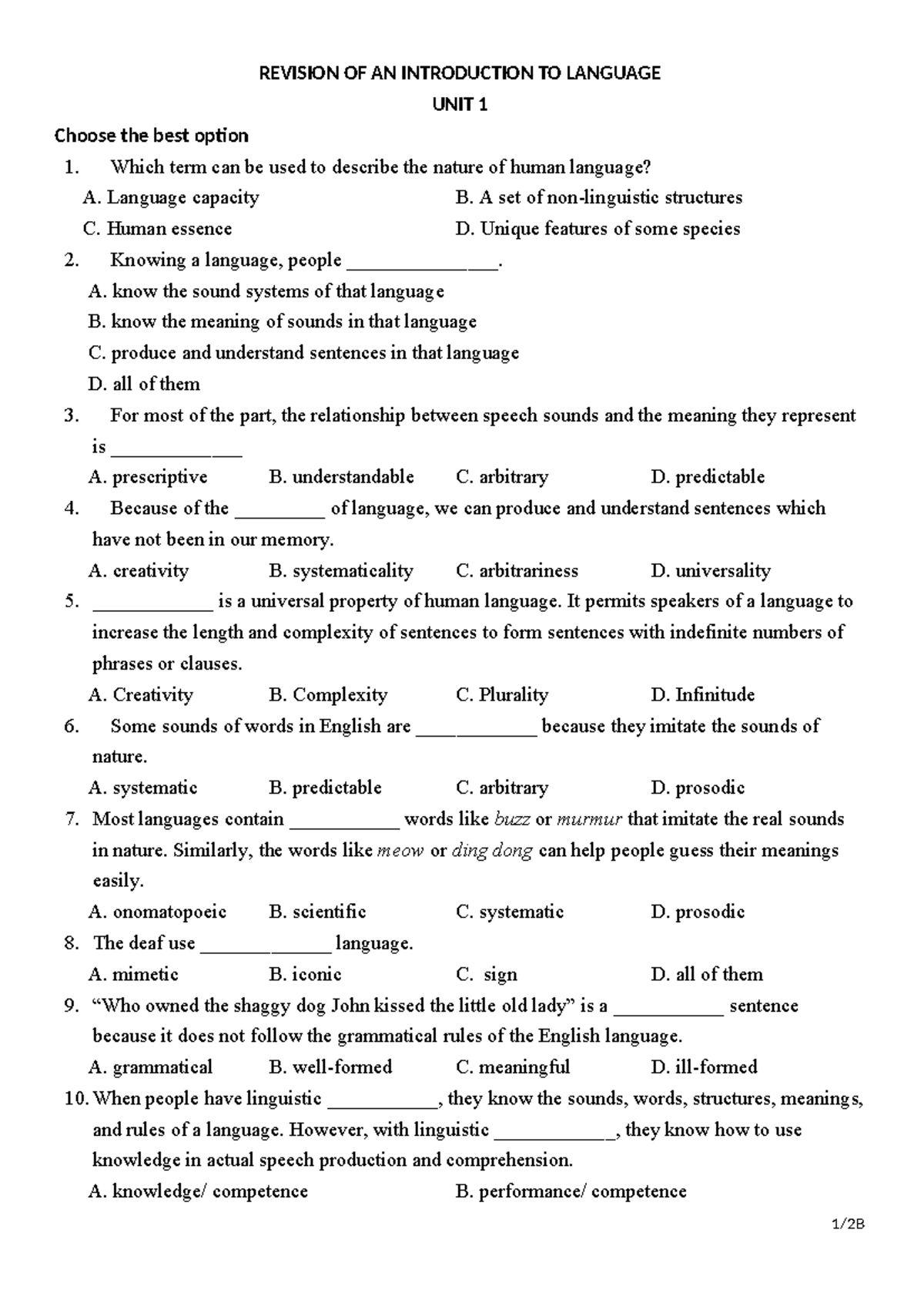 Revision of unit 1_What is language - REVISION OF AN INTRODUCTION TO ...