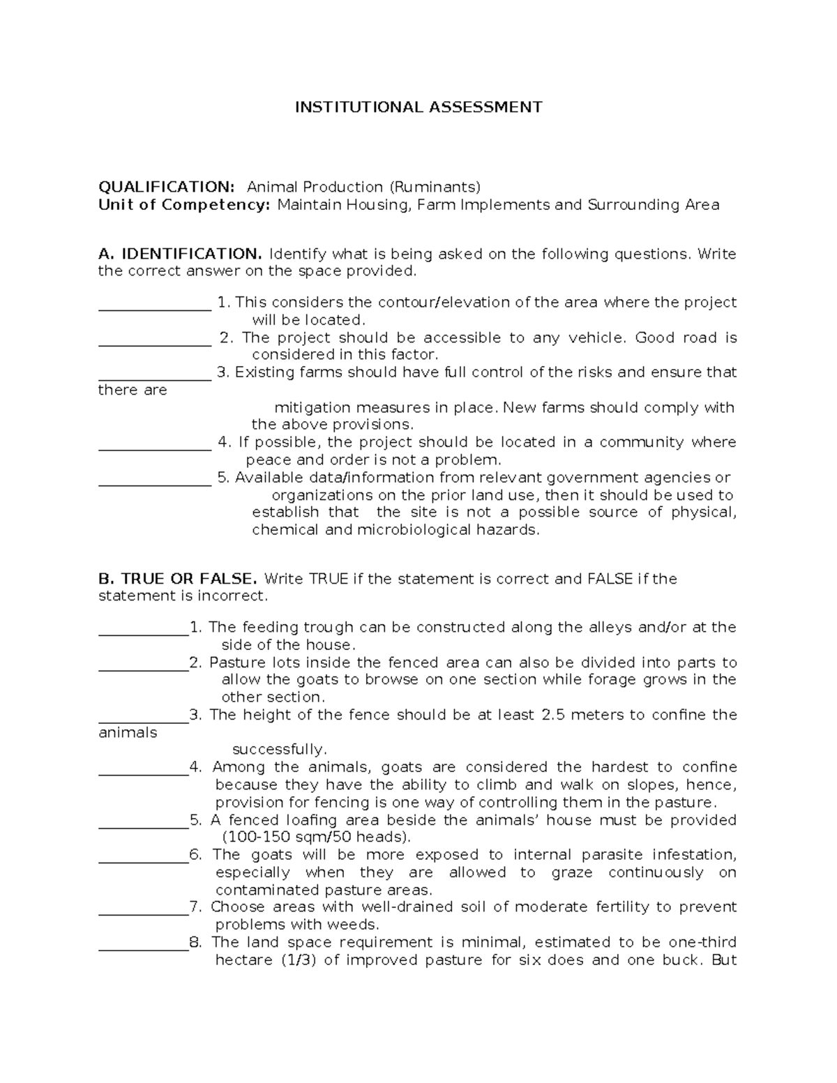 Institutional Assessment: Animal Production (Ruminants) Exam Review ...
