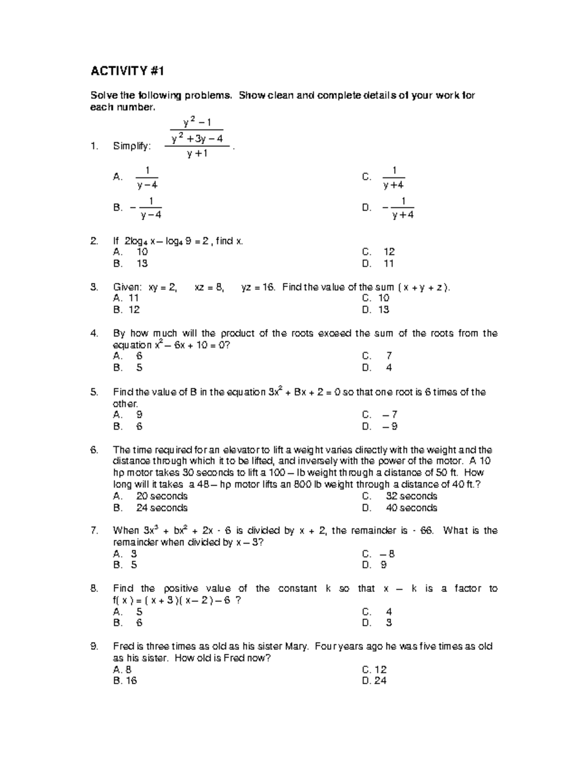 Activity #1: Algebra Problem Solving and Solutions - Studocu