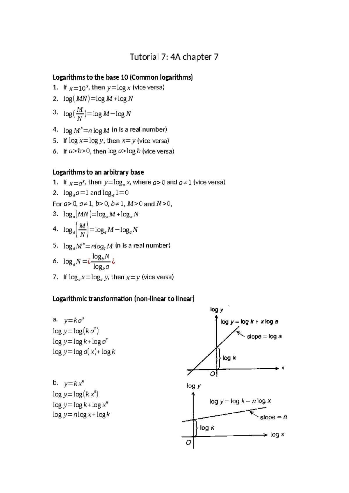 Tutorial 7 MATH1001 - Tutorial 7: 4A chapter 7 Logarithms to the base ...