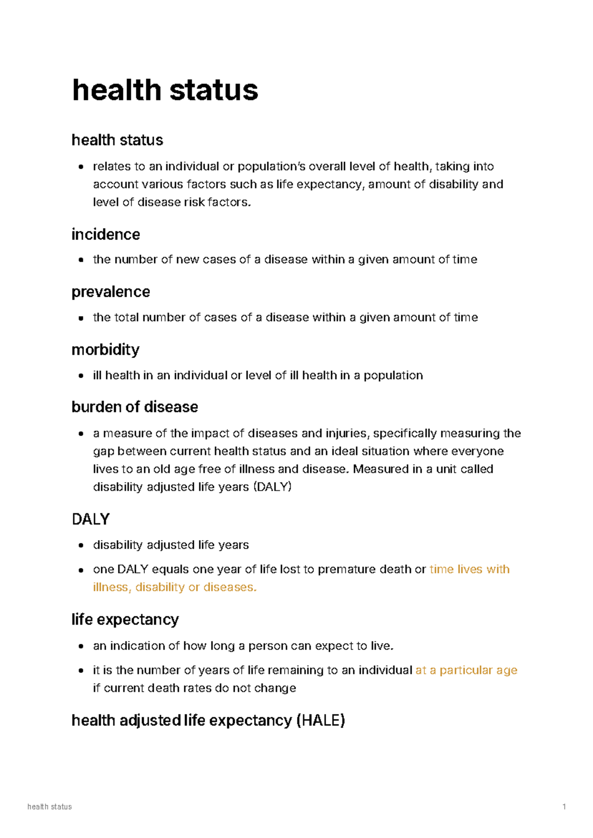 Health Status Definitions: Key Concepts and Metrics - Studocu