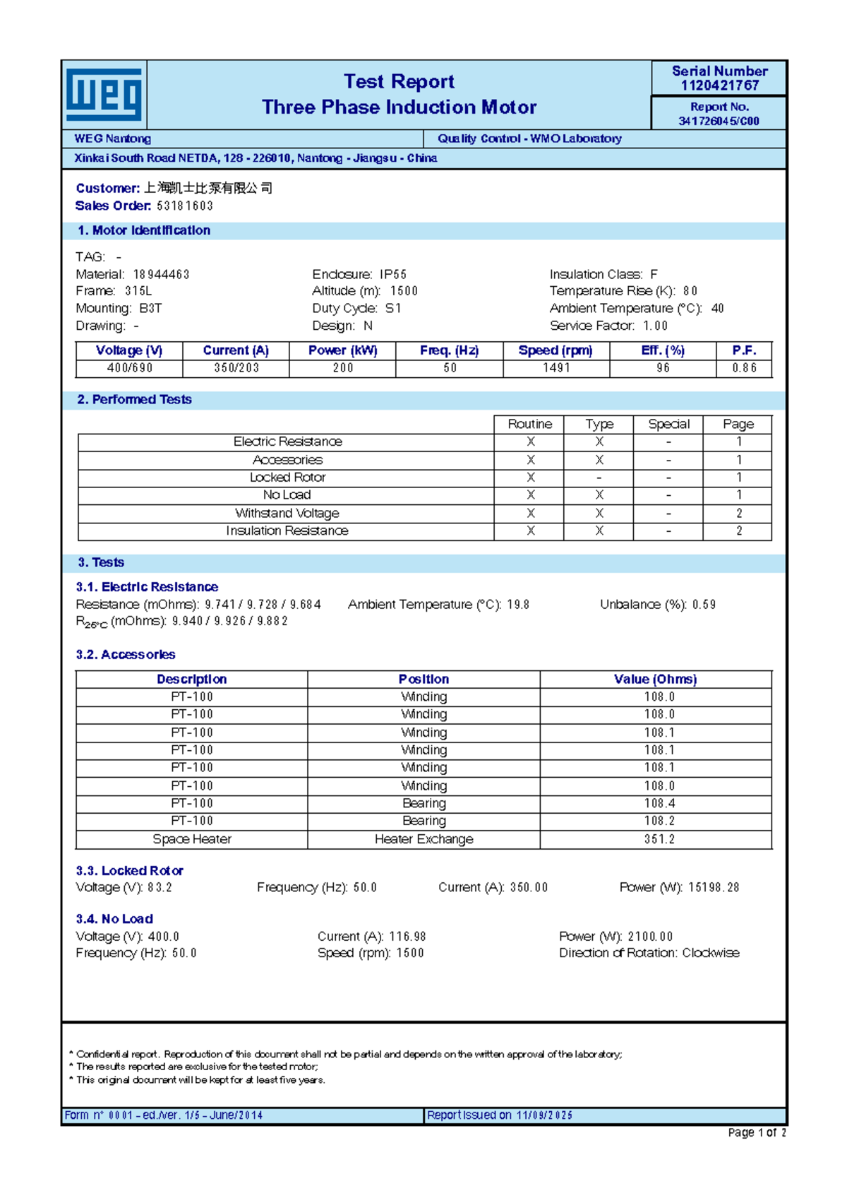 Test Report: Three Phase Induction Motor WEG - Quality Control WMO ...