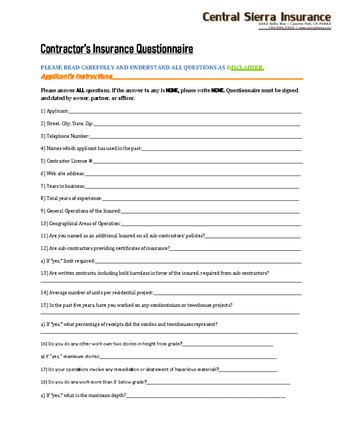 Insurance Questionnaire for Contractors: Important Details to Complete ...