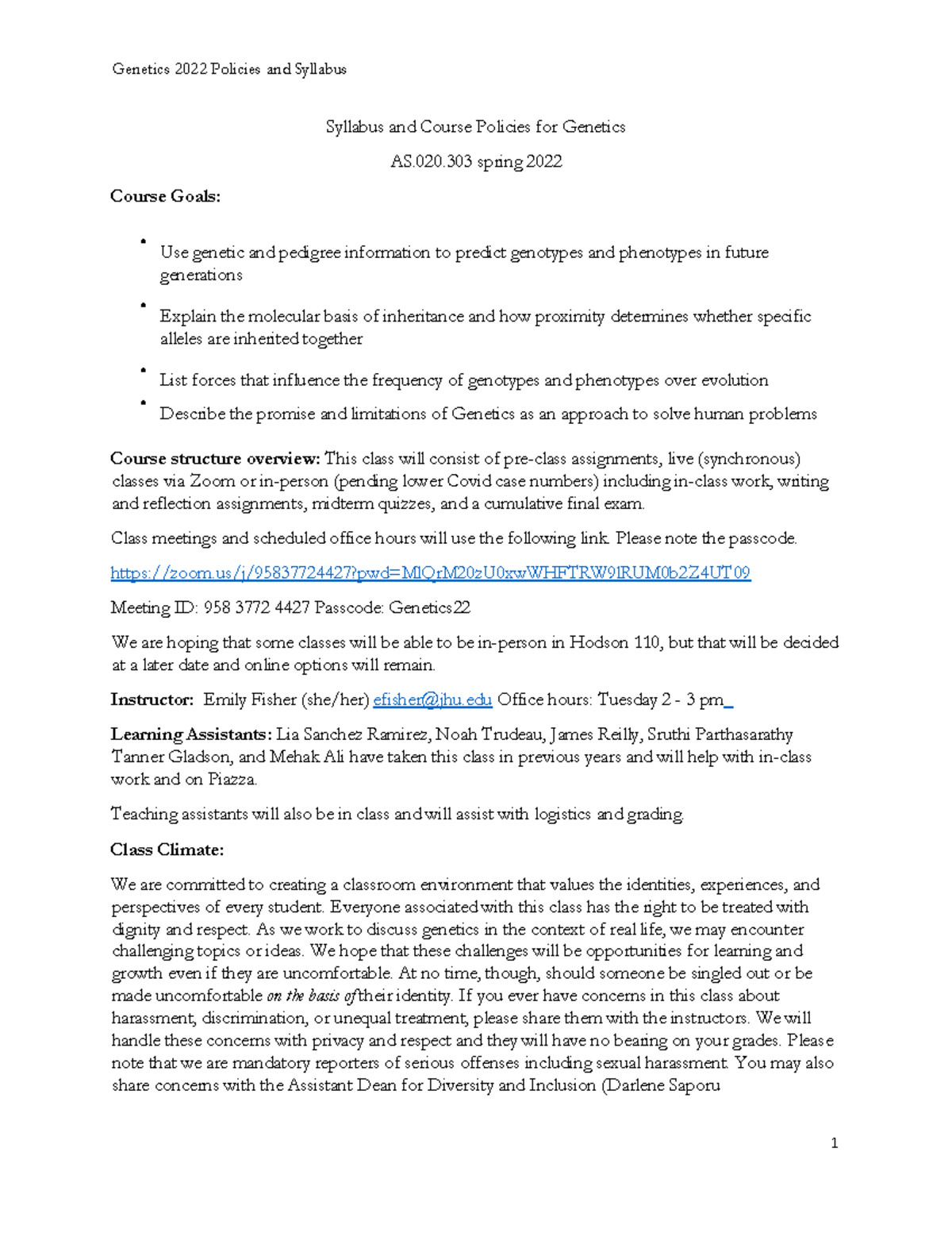 Genetics Syllabus & Course Policies - AS.020 Spring 2022 - Studocu
