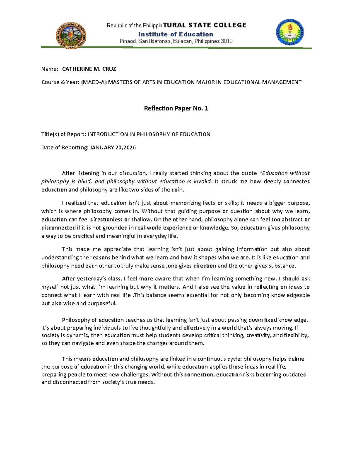 MAED-A Reflection Paper No. 1: Philosophy of Education Insights - Studocu