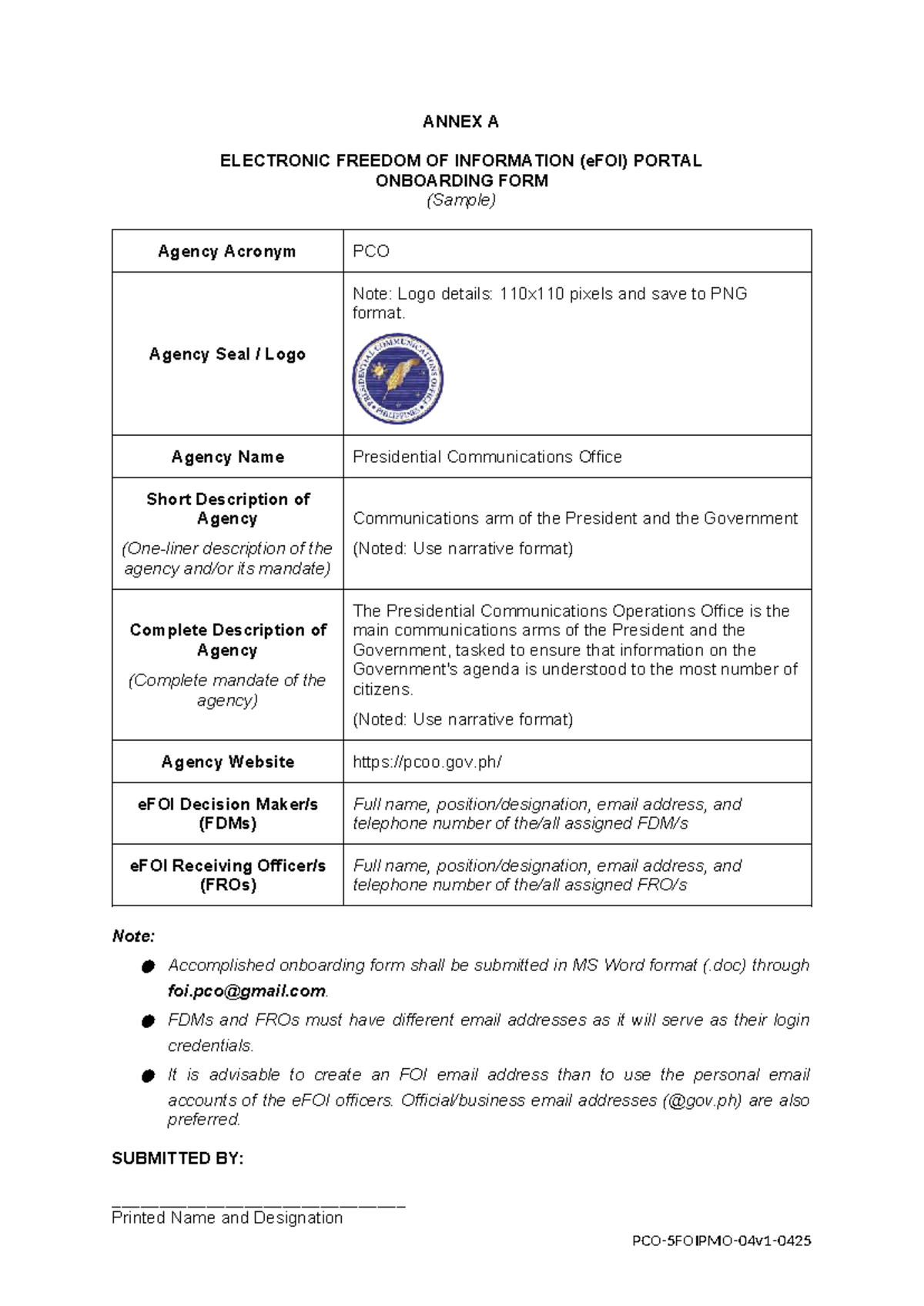 eFOI Portal Onboarding Form - Sample for PCO Agency - Studocu