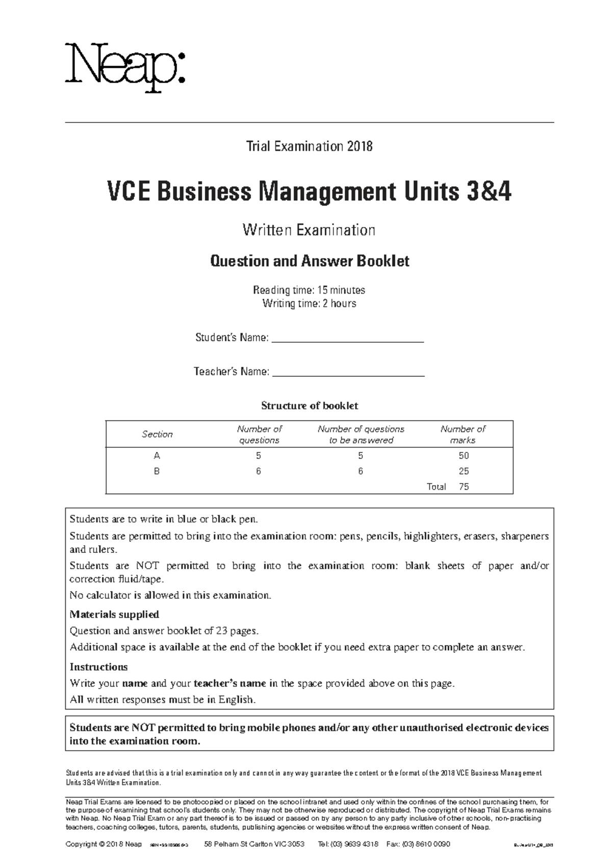 VCE Business Management Units Trial Exam 2018: Q&A Booklet - Studocu