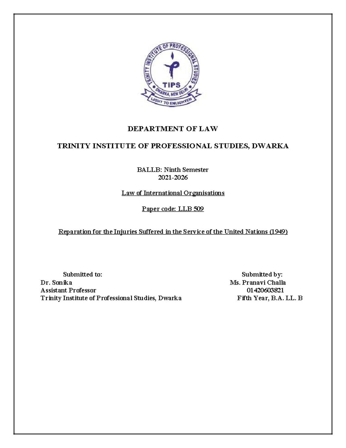 LLB 509: Reparation for Injuries in UN Service - Advisory Opinion (1949 ...