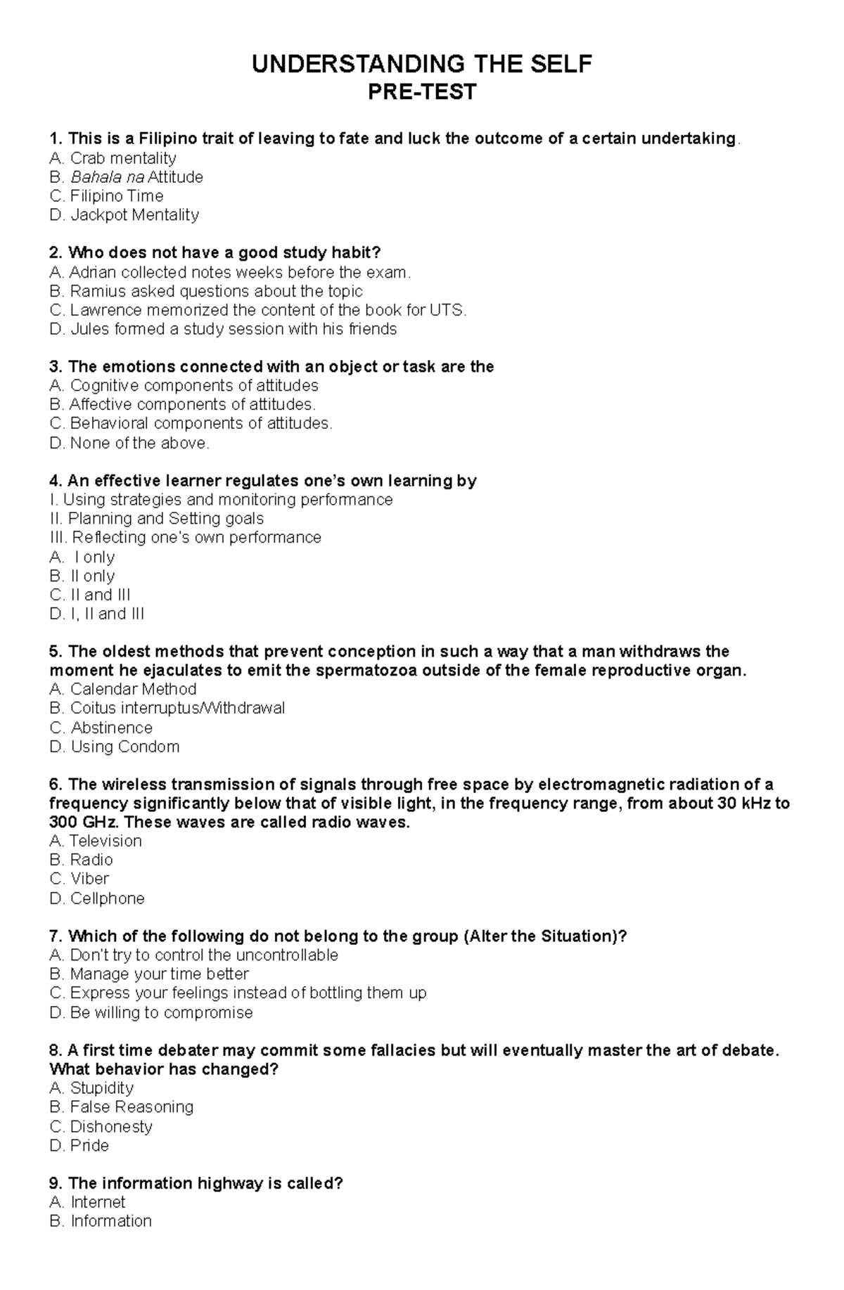 Understanding the Self Pre-Test for Psychology 101 - Studocu