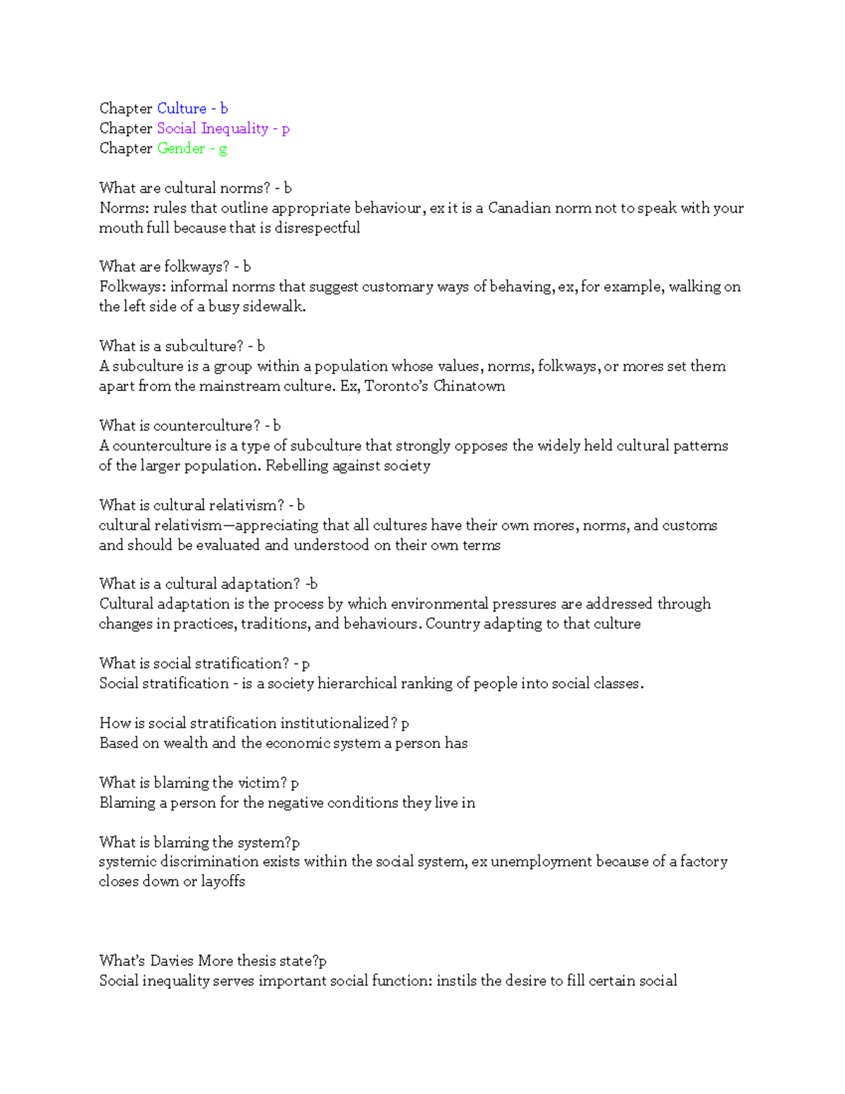 Copy of Sociology Test 2 Review - Chapter Culture - b Chapter Social ...