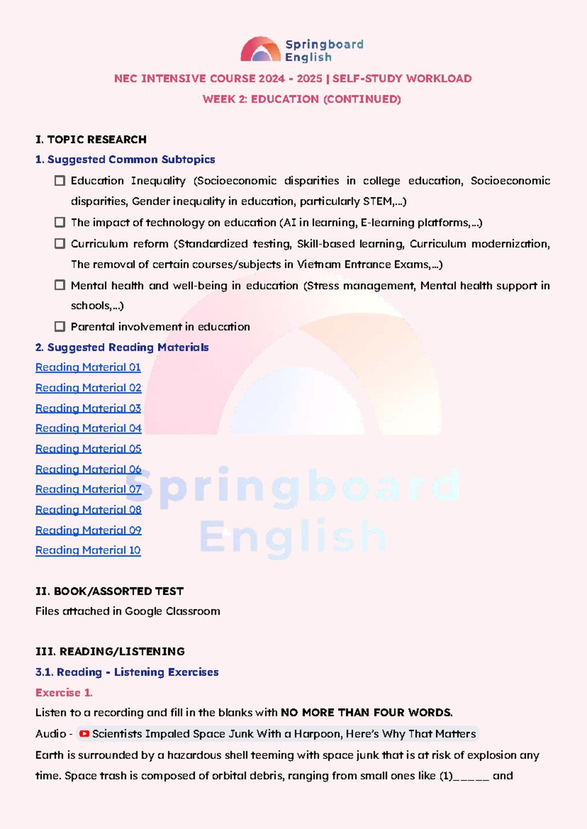 NEC Intensive Course 2024-2025 Week 2 - Education Self-Study Workload ...