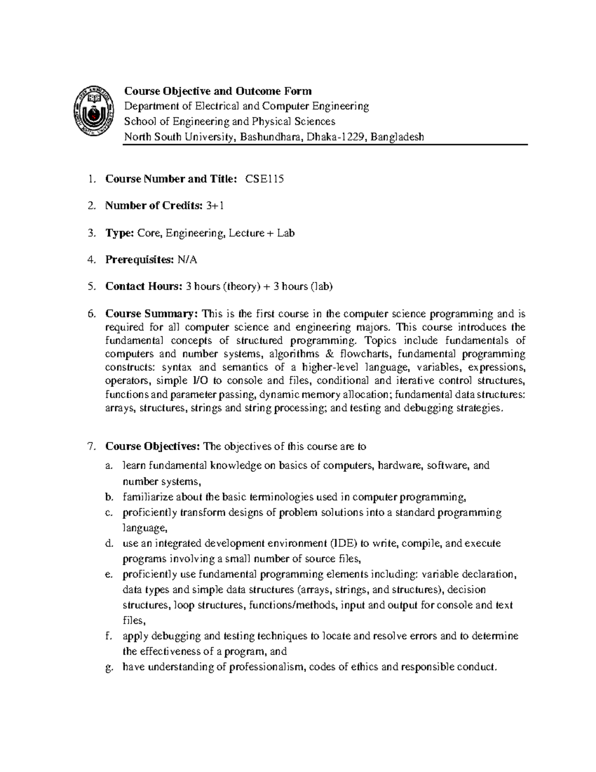 CSE115 Course Objectives and Outcomes for Engineering Lecture & Lab ...