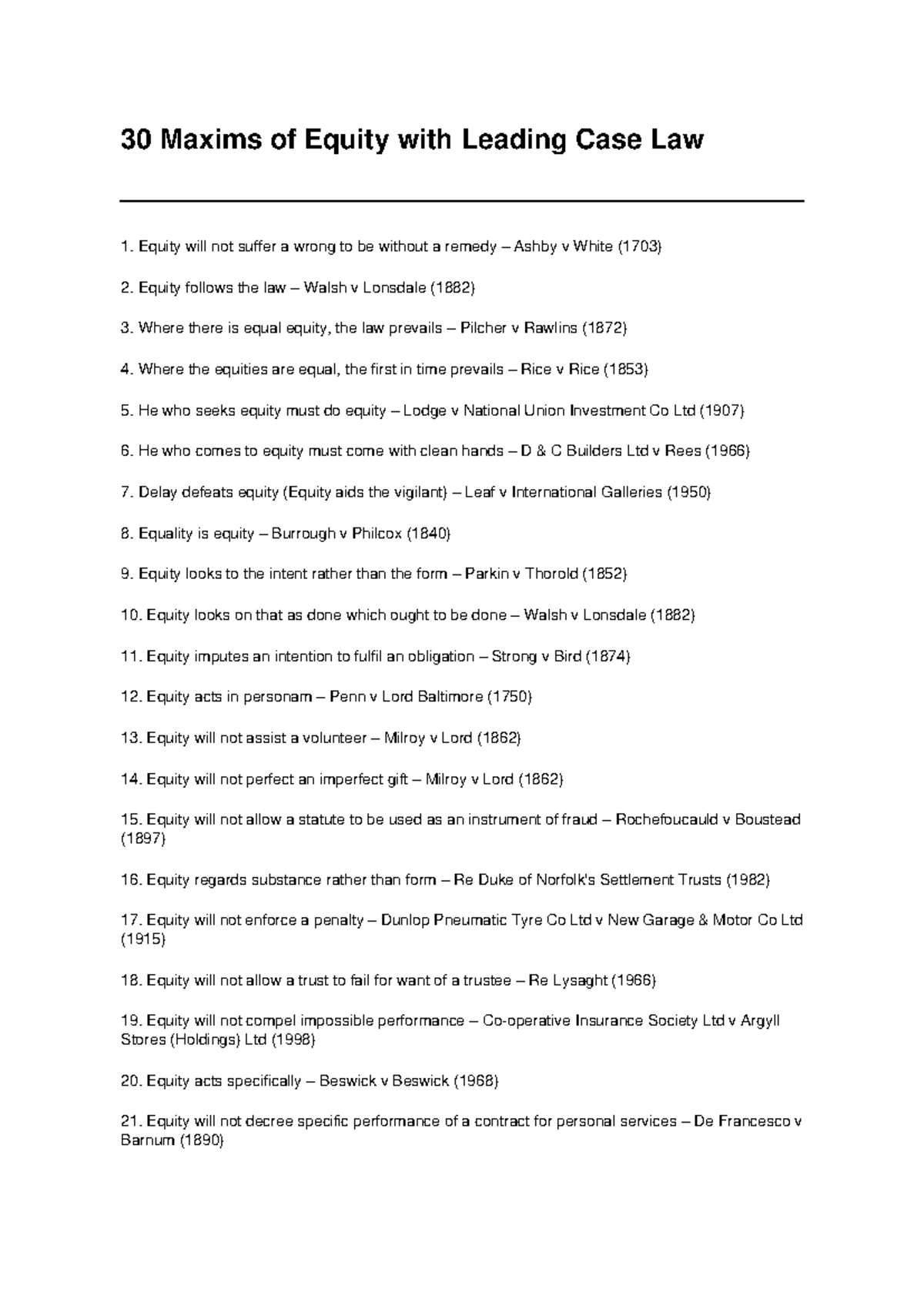 30 Maxims of Equity with Leading Case Law Analysis - Studocu