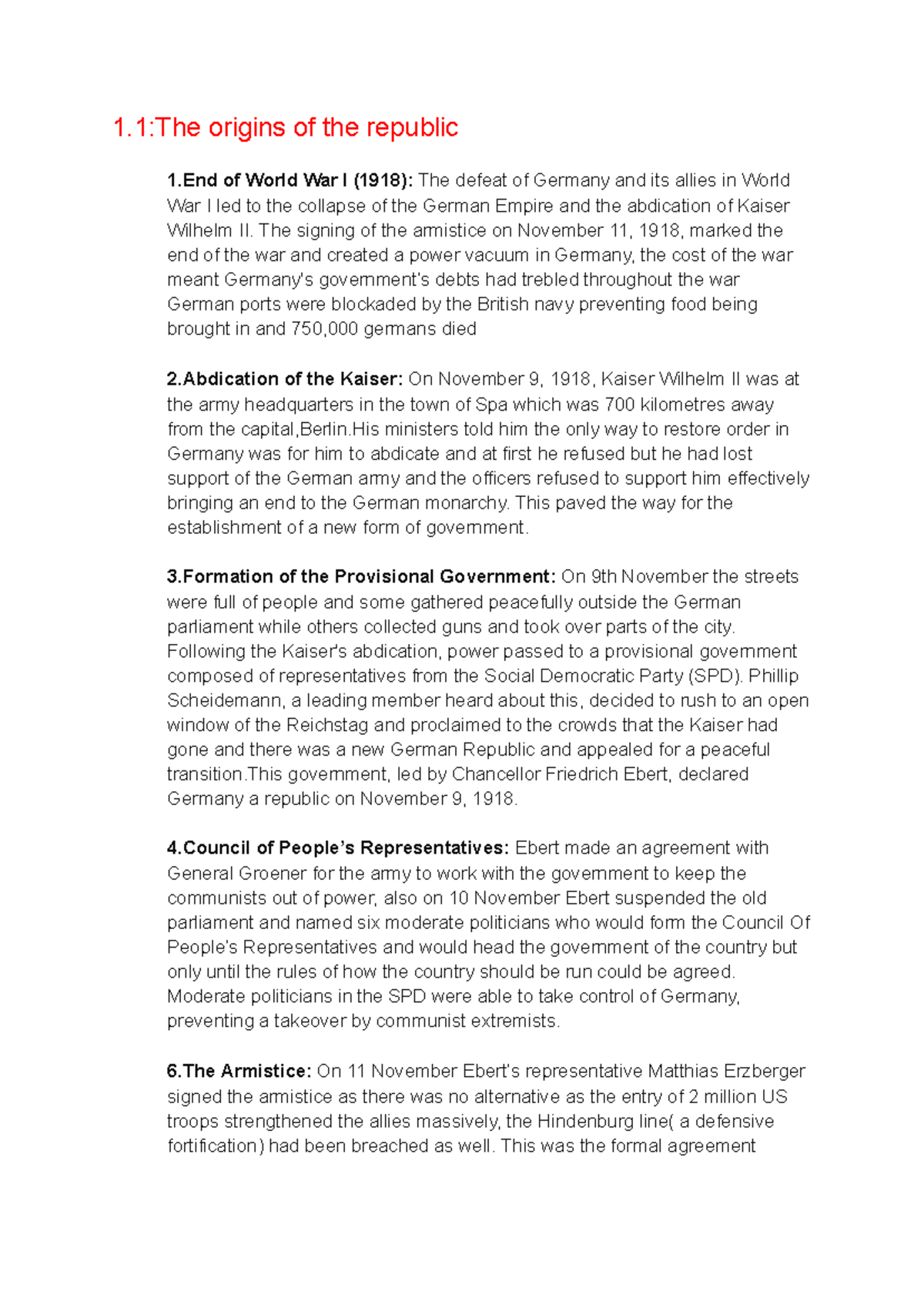 Germany notes on section 1 and 2 - 1:The origins of the republic 1 of ...
