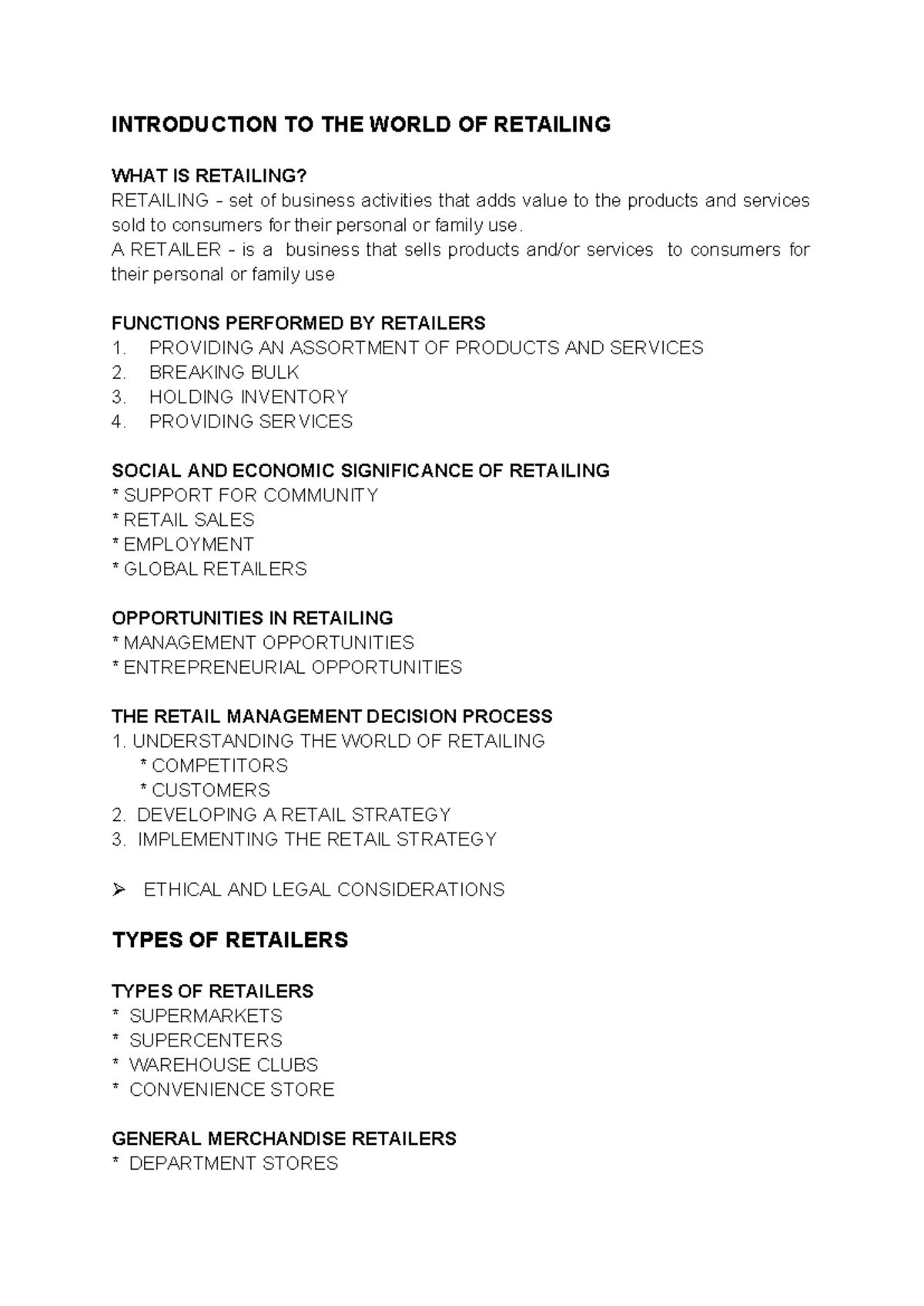 Retail Management Reviewer - INTRODUCTION TO THE WORLD OF RETAILING ...
