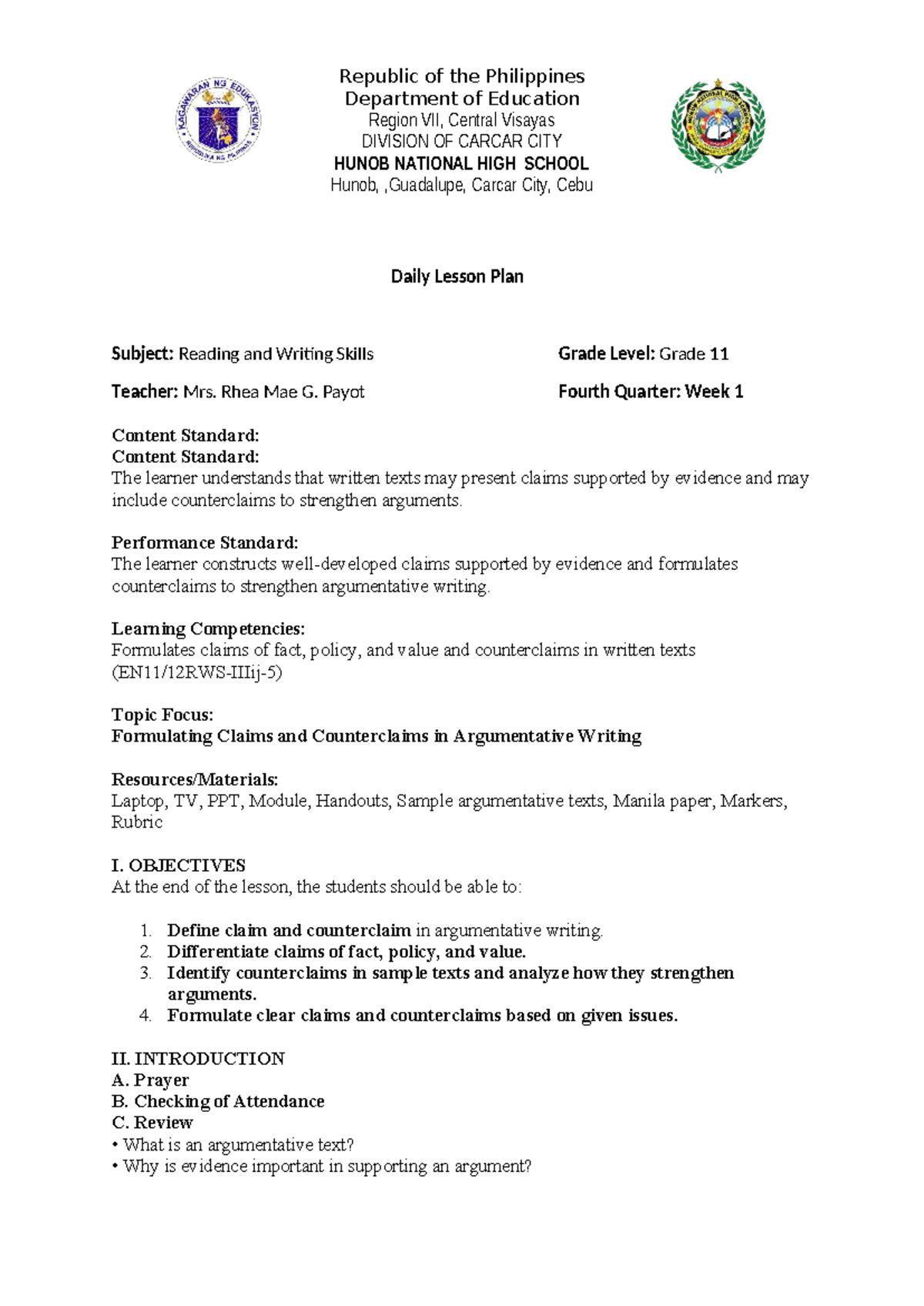 Grade 11 Reading & Writing Skills Daily Lesson Plan: Claims ...