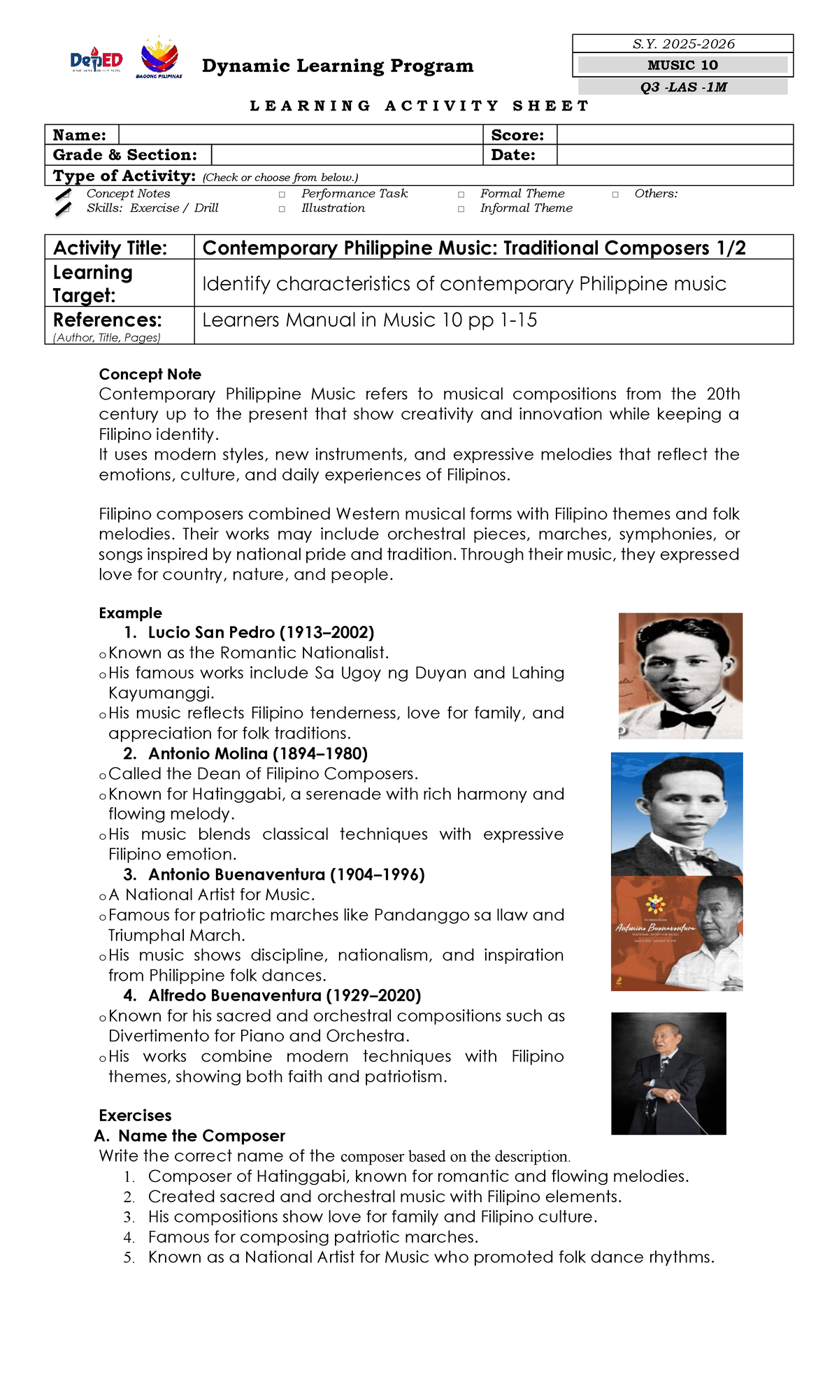 MUSIC 10 Q3 Learning Activities: Exploring Filipino Composers and Their ...