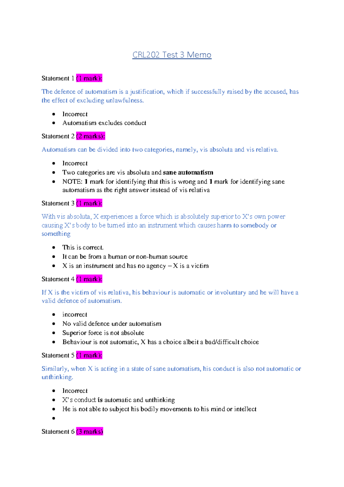 CRL202 Test 3 Memo - Automatism Defence Analysis and Case Review - Studocu
