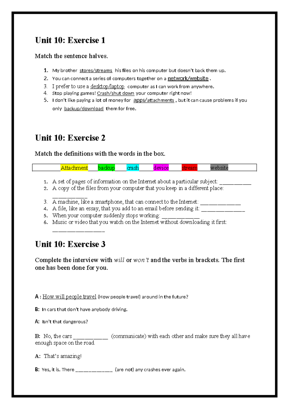 Unit 10: Grammar and Vocabulary Exercises and Activities - Studocu