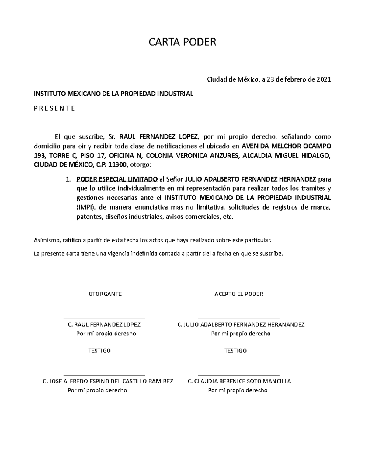 Formato de Carta Poder - Poder Especial Limitado ante IMPI - Studocu