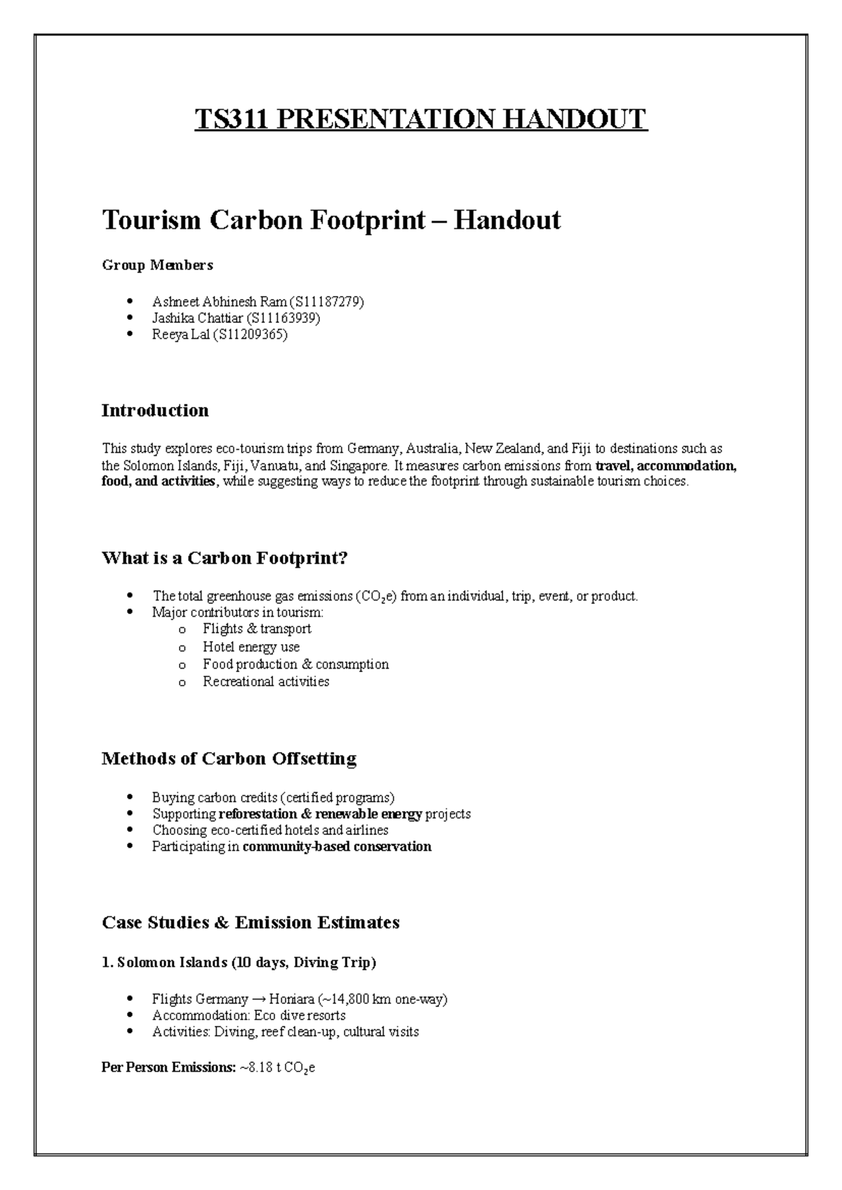 TS311 Presentation Handout: Analyzing Tourism's Carbon Footprint - Studocu