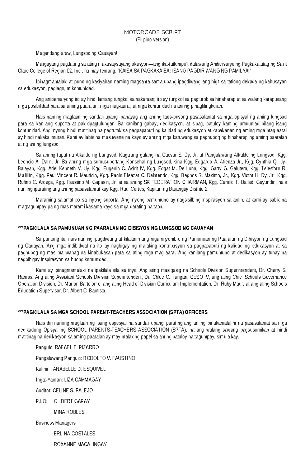 Motorcade Script for 32nd Anniversary of Saint Clare College - Studocu