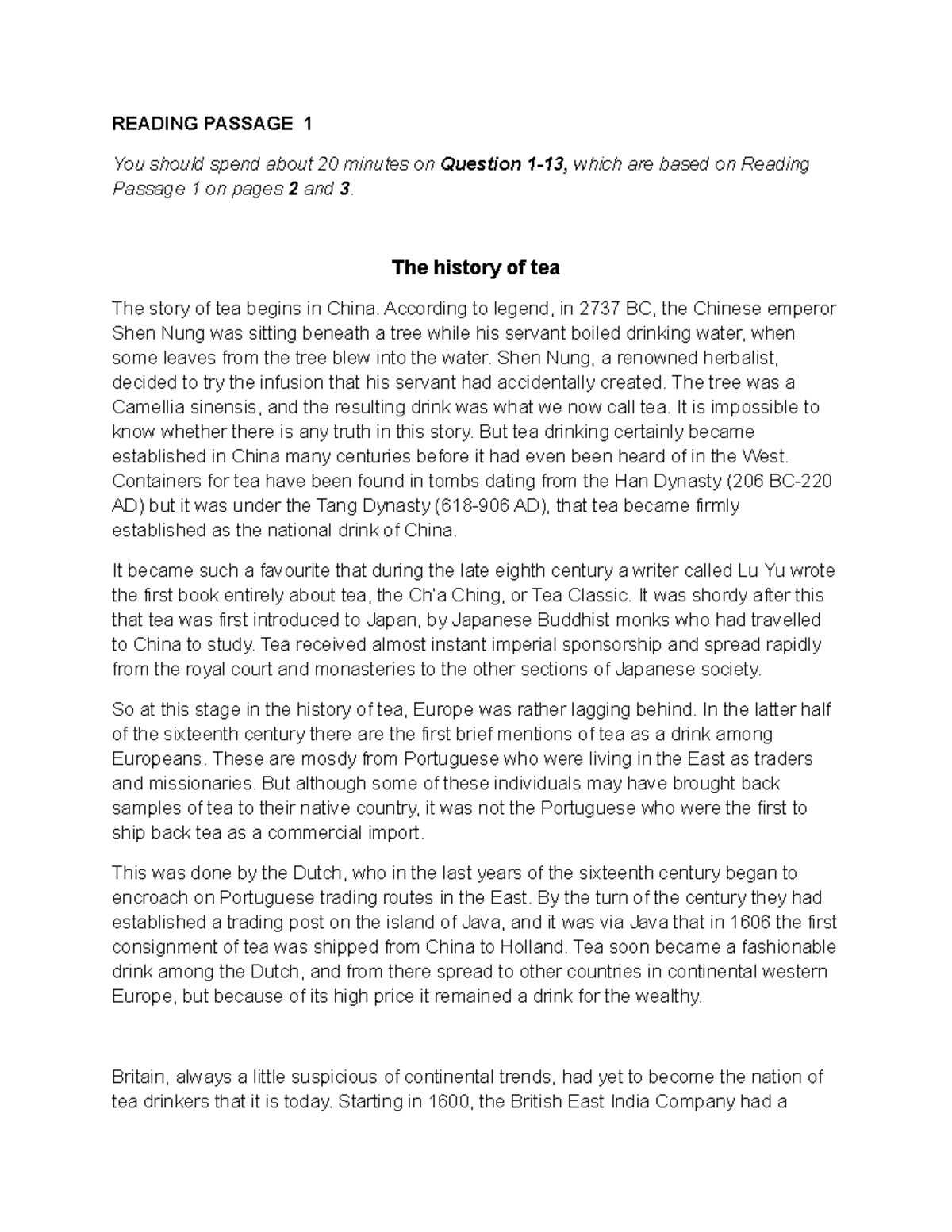 RP1 the history of tea - dgejg - READING PASSAGE 1 You should spend ...