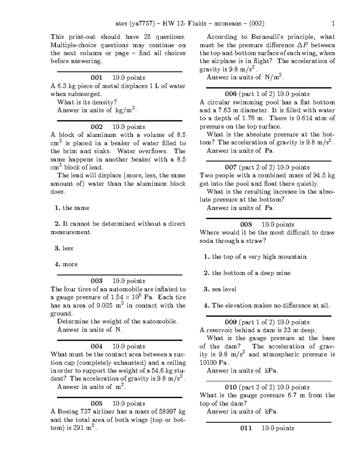 HW 12 - Fluids Problems (ya7757) with 25 Questions - Studocu