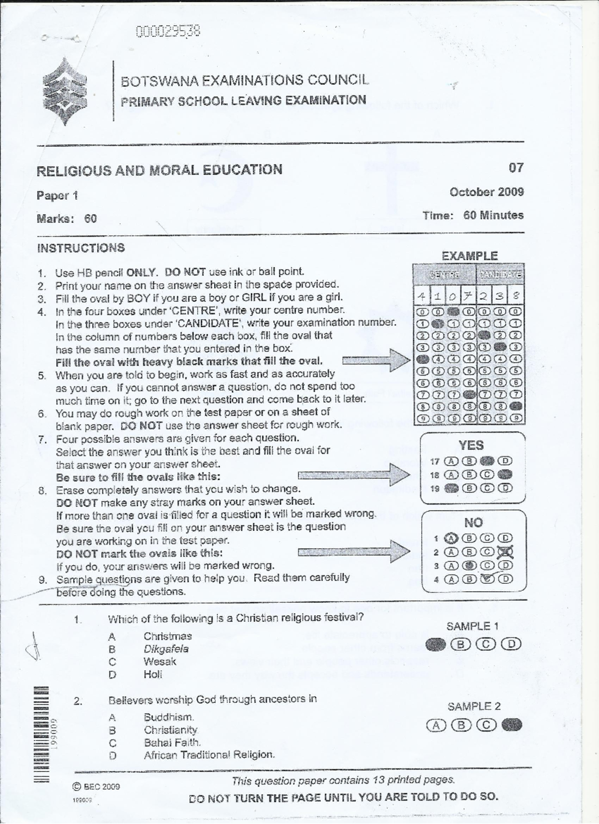 PSLE RME 2009 Marking Key Compilation by Mr. O. Abeilwe - Studocu