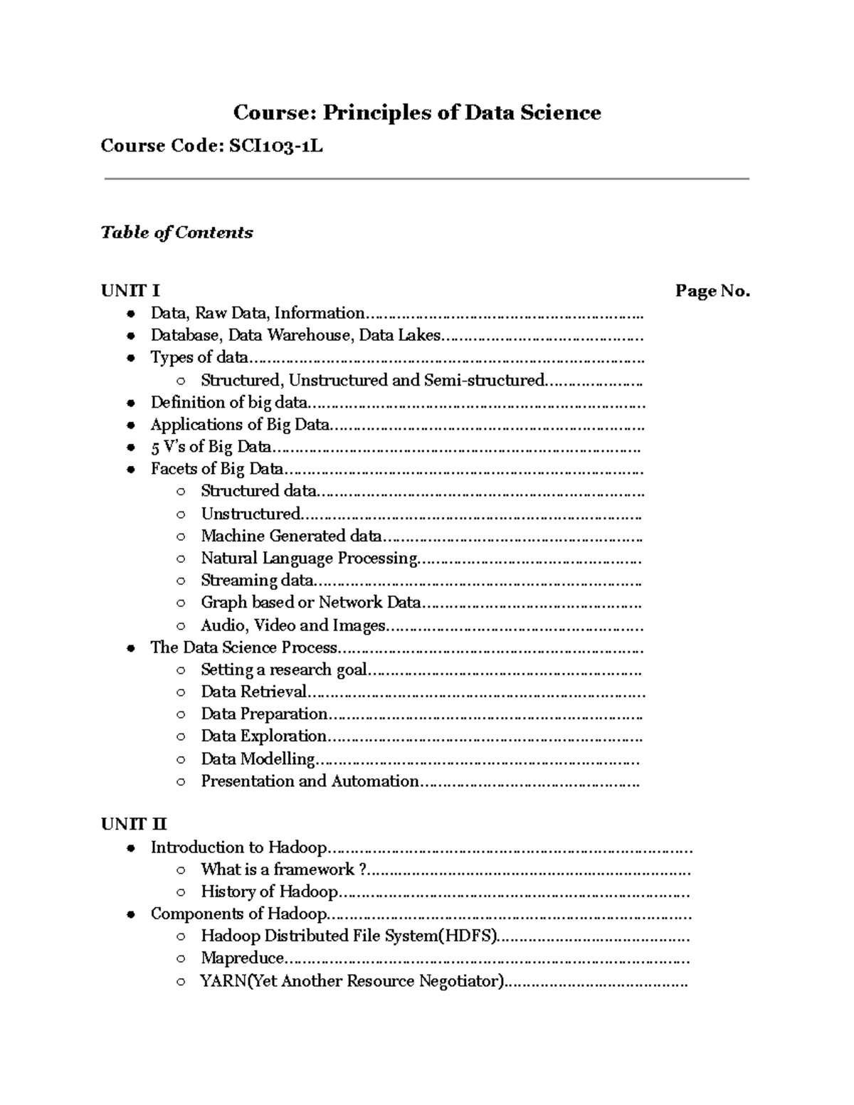 PDS notes 2024 - Course: Principles of Data Science Course Code: SCI103 ...