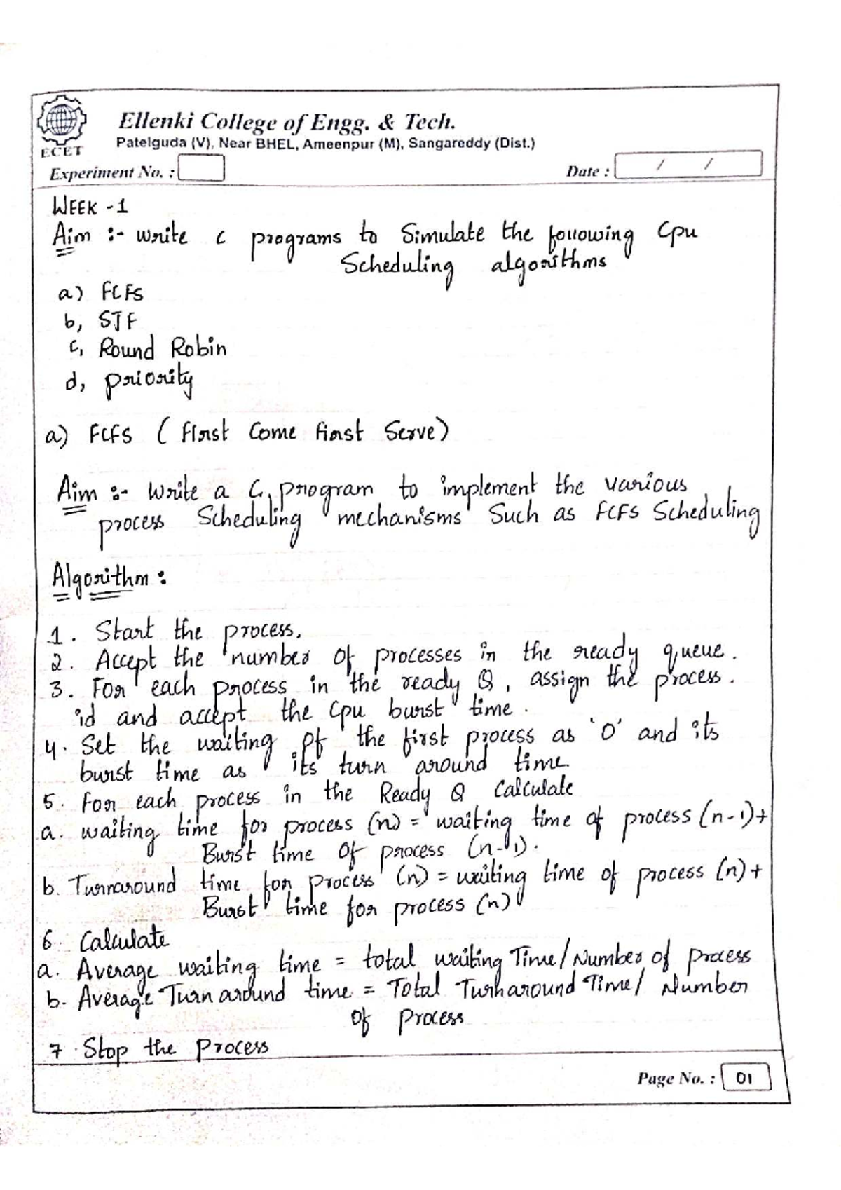 Os Lab Record: C Programs for CPU Scheduling Algorithms (ECET) - Studocu