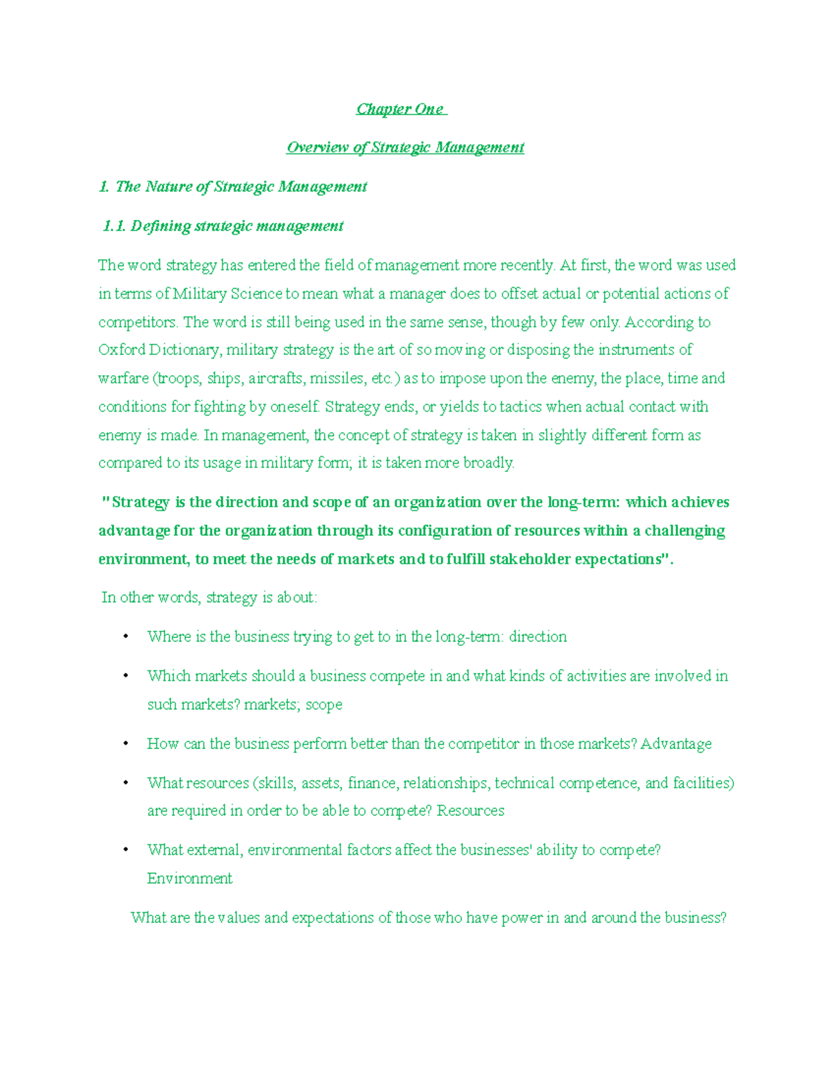 Strategies Chapter One - Chapter One Overview of Strategic Management ...