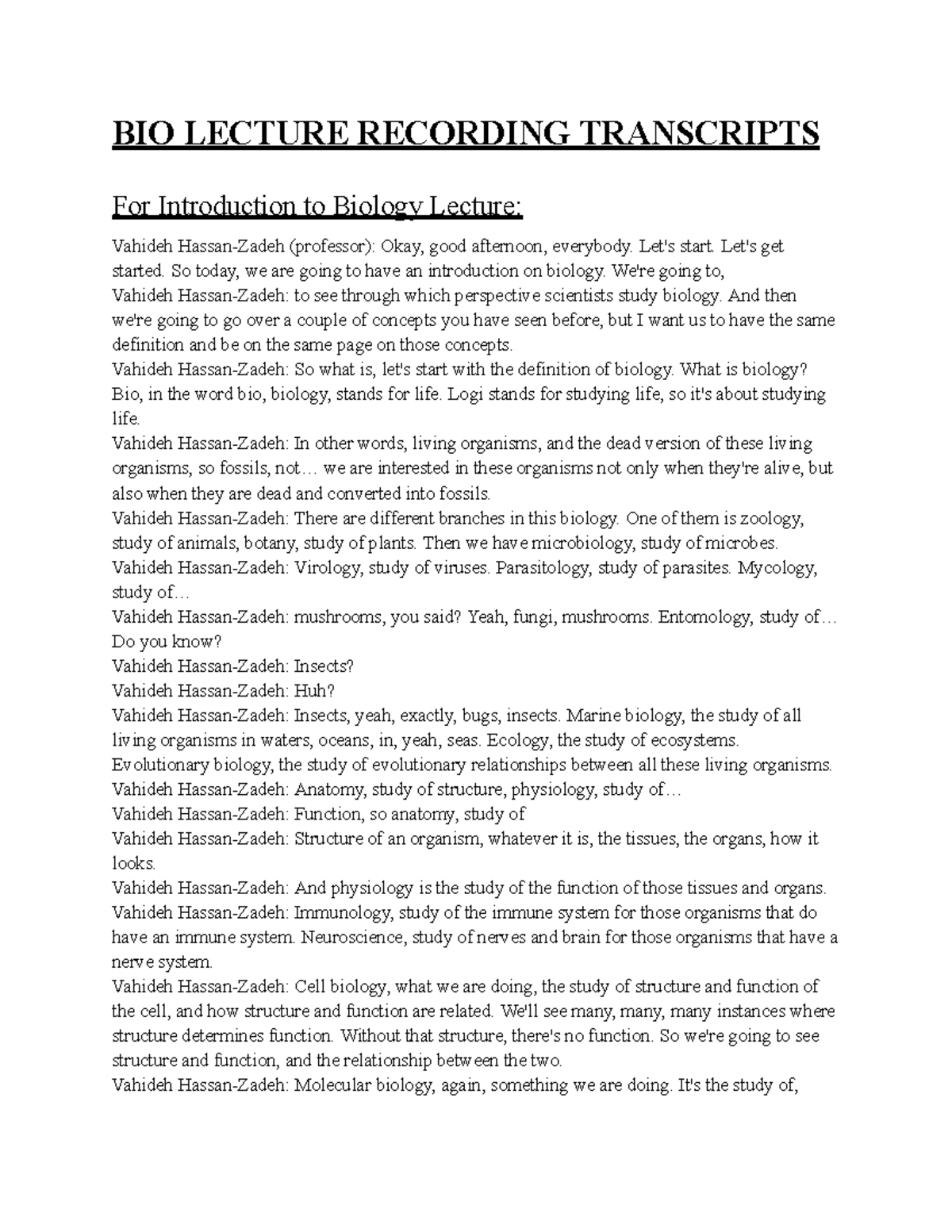 BIO 1140 LECTURE NOTES: INTRODUCTION TO BIOLOGY TRANSCRIPTS - Studocu