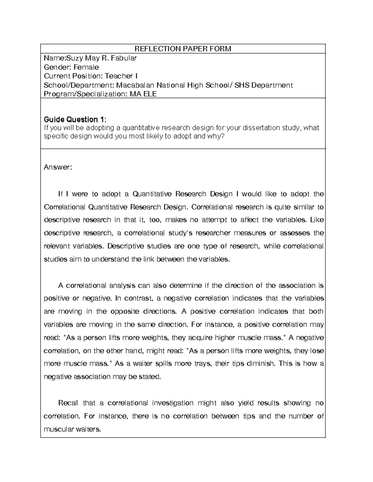 ED 702 Reflection Paper on Quantitative Research Design - Studocu