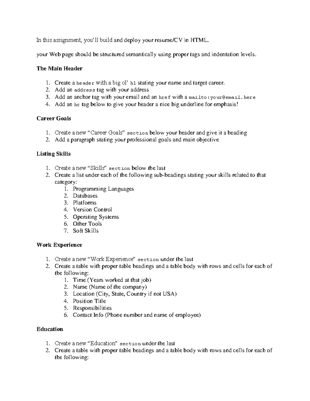 COMP 101 Web Page Assignment: Building Your Resume/CV in HTML - Studocu