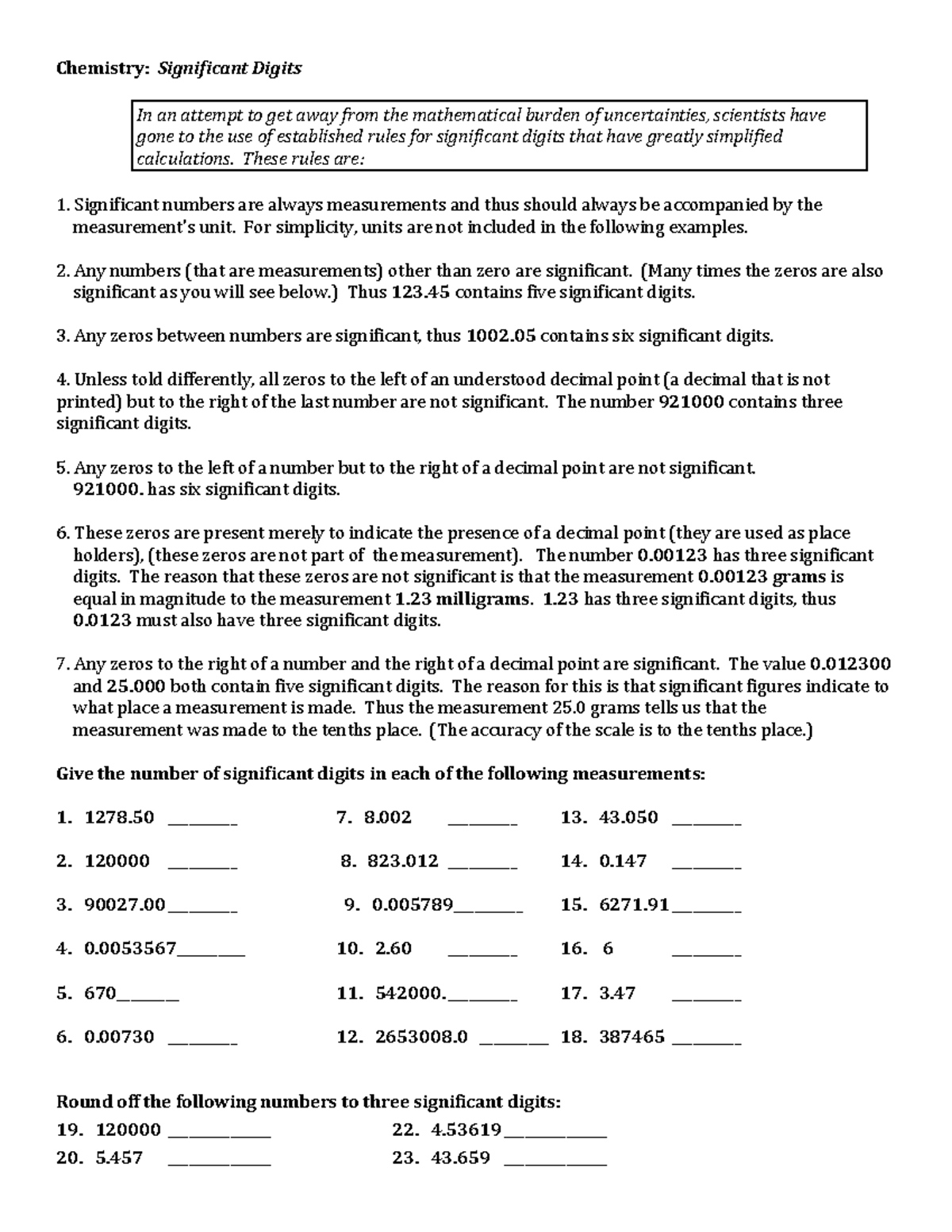 Significant Digits worksheet-2 - Chemistry: Significant Digits ...