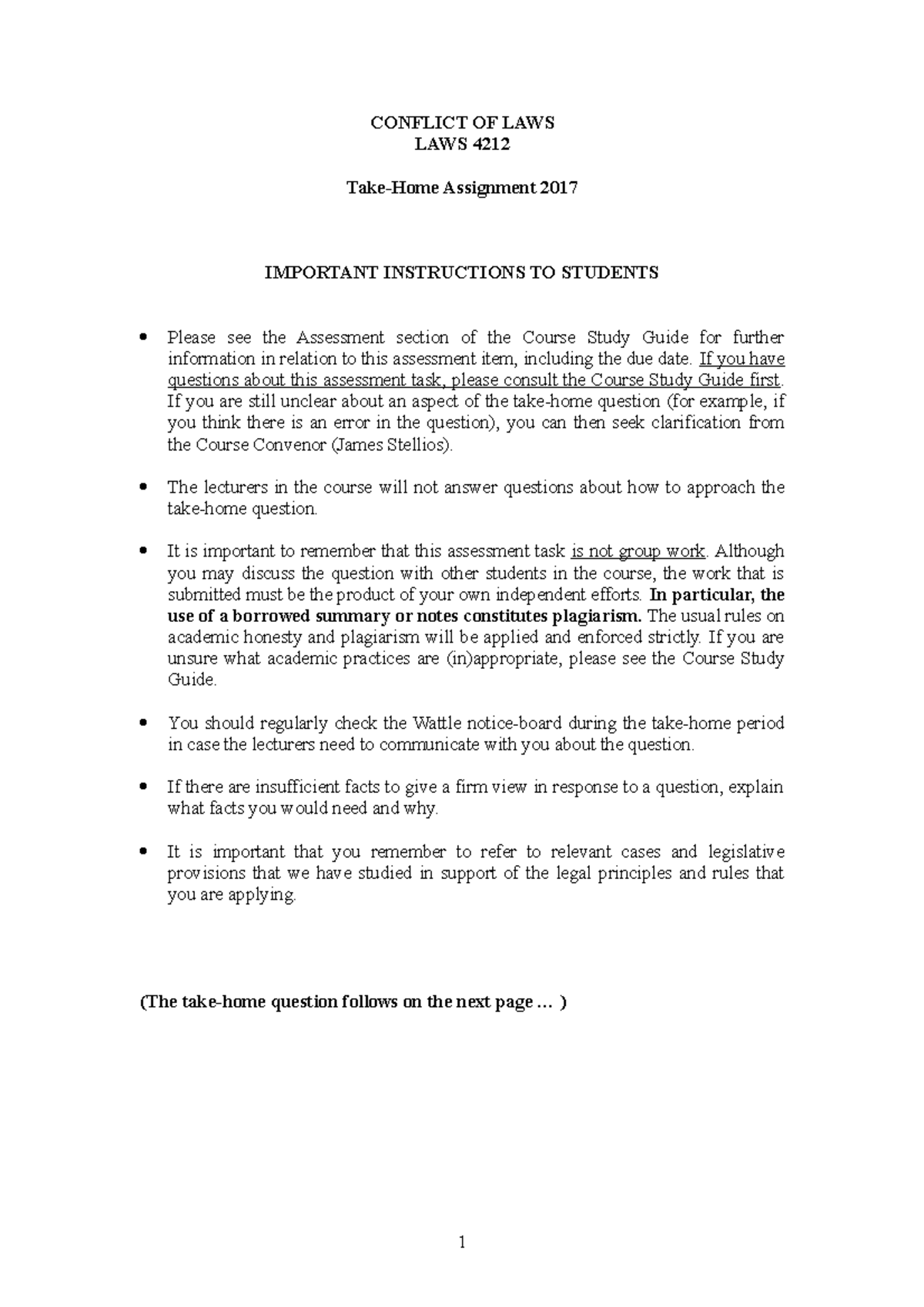 Pracice question (Take-home assignment 2017 ) - CONFLICT OF LAWS LAWS ...